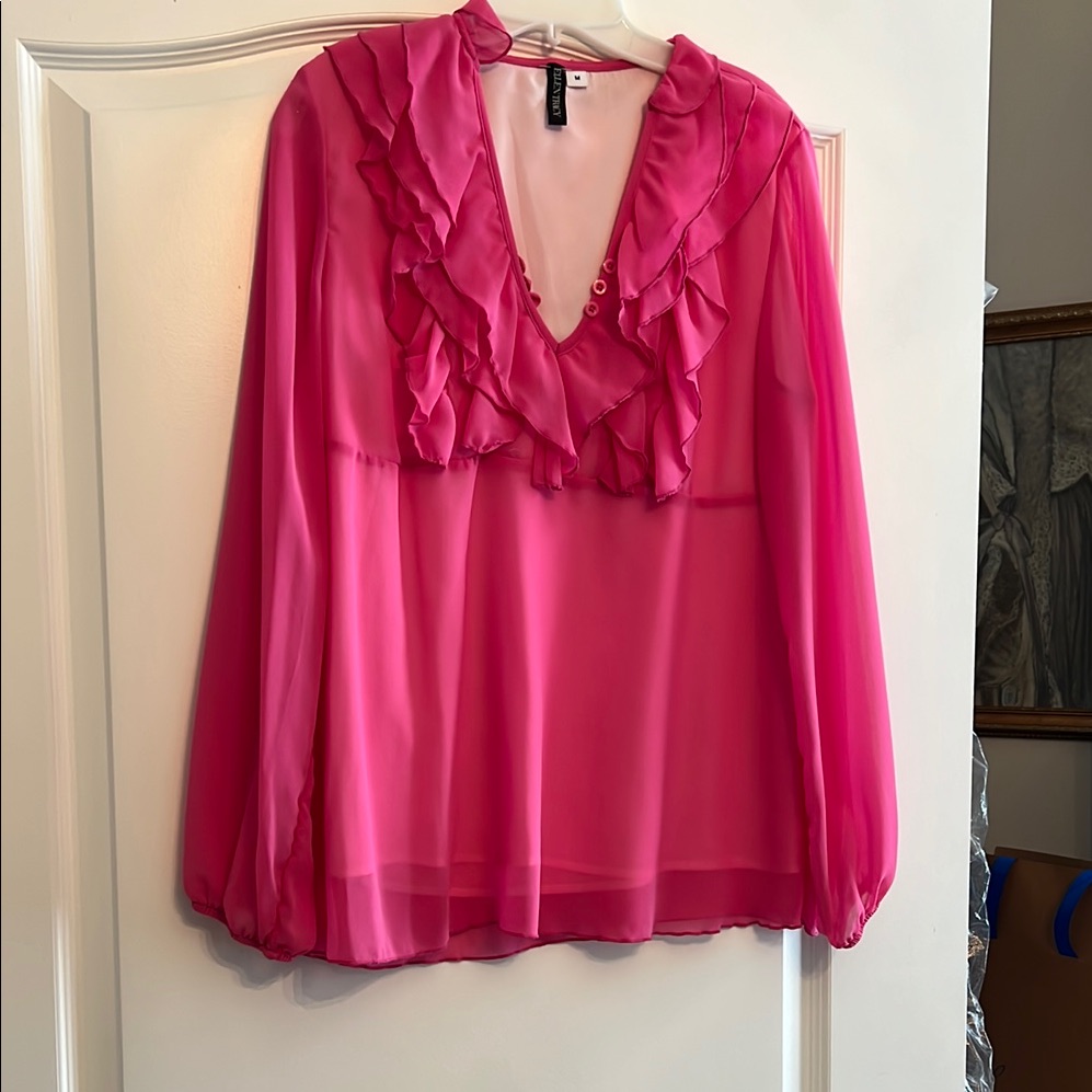 Ellen Tracy Pink Ruffled Bib Collar Blouse Brand New